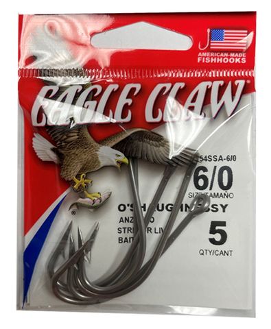6/0 STAINLESS STEEL O'SHAUGHNESSY HOOKS 5PK