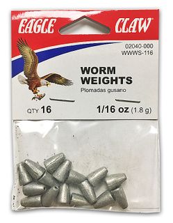 1/16 OZ WORM WEIGHT SINKERS 16PK   12PK/BX