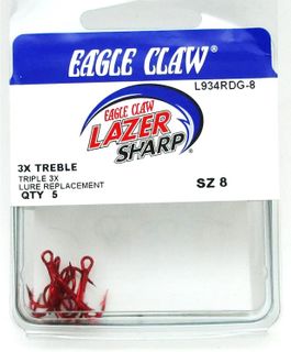 #8 LAZER 3X RED TREBLE HOOKS 5PK