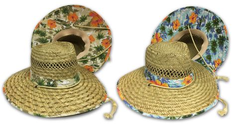 WIDE BRIM STRAW CAMPER HAT TROPICAL FLOWER PRINT BRIM ASST. SIZES