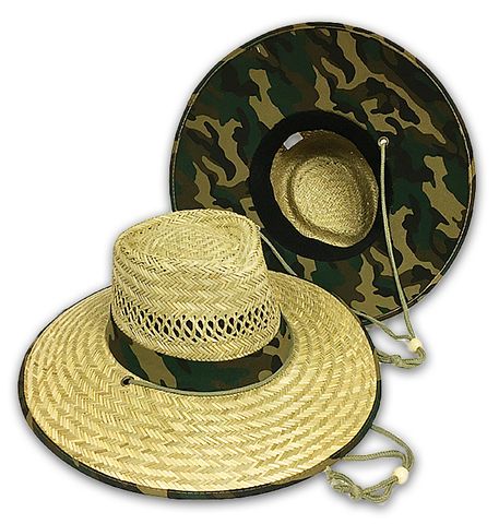 WIDE BRIM STRAW CAMPER HAT CAMO PRINT BRIM ASST. SIZES