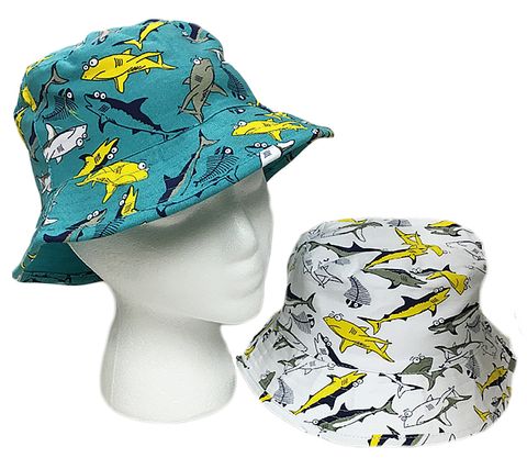 CHILDREN SIZE BUCKET HAT SHARK PRINT BLUE & WHITE