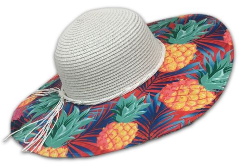 LUCKY 7 LADIES SUMMER HAT RED W/PINEAPPLES BRIM UPF50+