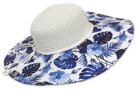 **WSL** LUCKY 7 LADIES SUMMER HAT BLUE TROPICAL FLOWERS BRIM UPF50+