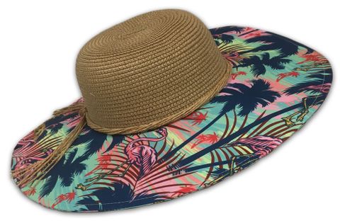 **WSL** LUCKY 7 LADIES SUMMER HAT PINK FLAMINGOS & PALMS BRIM UPF50+