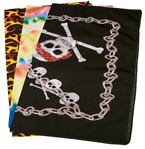 22" ASSORTED FLAMES, SKULLS & TIE-DYE BANDANAS