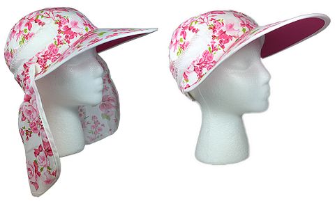 LADIES WIDE BRIM BILL W/SCAPE CAP PINK & WHITE FLOWERS