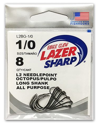 1/0 LAZER L2 NEEDLEPOINT OCTOPUS HOOK BLACK 8PK