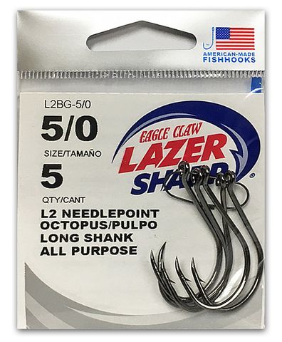 5/0 LAZER L2 NEEDLEPOINT OCTOPUS HOOK BLACK 5PK