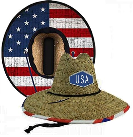 STRAW WIDE BRIM LIFEGUARD HAT USA FLAG UNDERBRIM