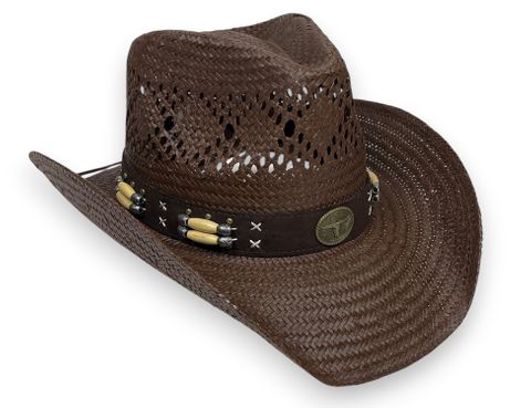 TOYO STRAW VENTED WESTERN HAT W/ LONGHORN -BROWN