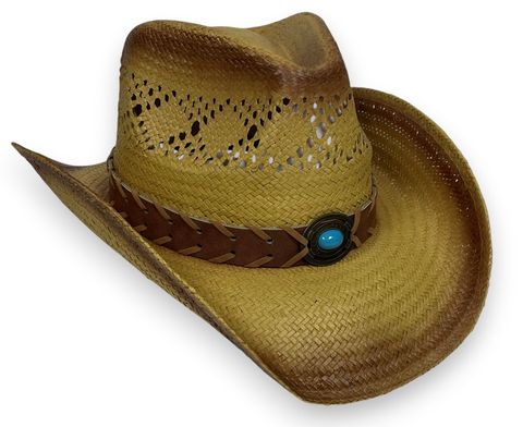 TOYO STRAW VENTED WESTERN HAT - TURQUOISE TEA STAIN