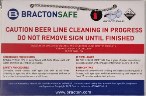 Beer Line Cleaning In Progress Sign 270mmx 180mm BRACTONSAFE