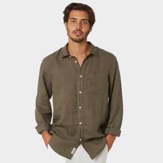 Academy Brand Hampton Linen Long Sleeve Shirt Olive