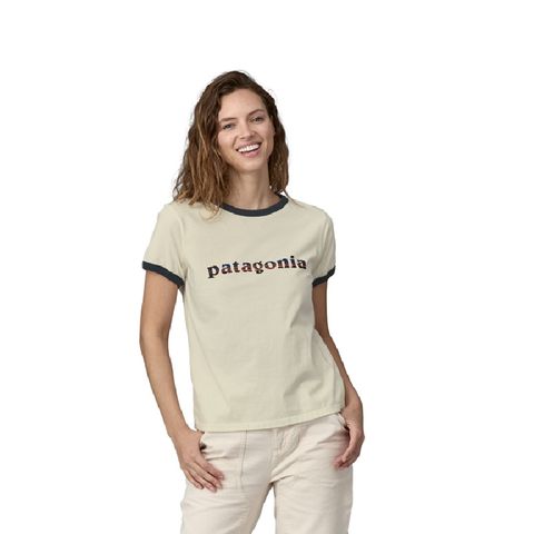 Patagonia Women's 73 Text Logo Organic Ringer Tee - Birch White