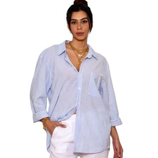La Luna Women's Greek Cotton Shirt - Blue Stripe