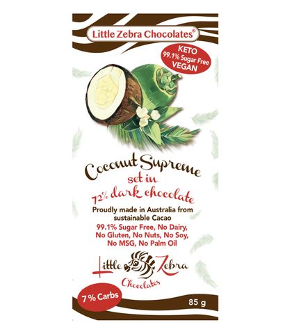 Little Zebra Chocolates Coconut Supreme Dark Chocolate 85g - Box of 12