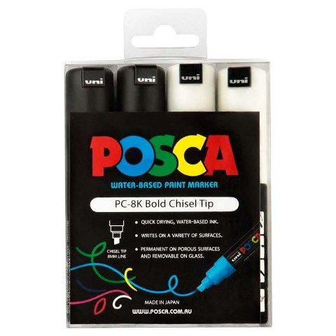 POSCA MARKER BOLD CHISEL TIP 8MM BLACK &WHITE SET4