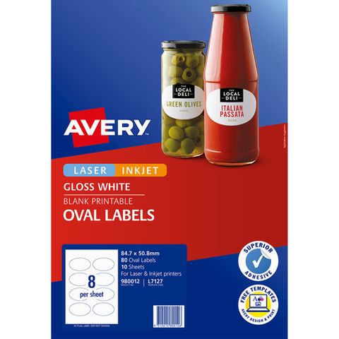 AVERY L7127 OVAL WHITE GLOSSY LABELS 10 SHEETS