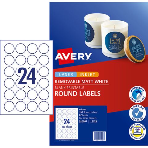 AVERY L7129 WHITE MATTE 40MM ROUND 8 SHEET