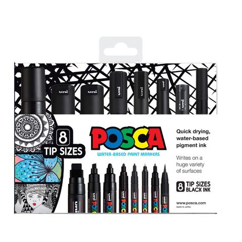 POSCA MARKER BLACK SET 8 TIP SIZES