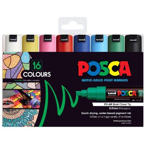 POSCA MARKER 8.0MM BOLD CHISEL ASSTD SET 16