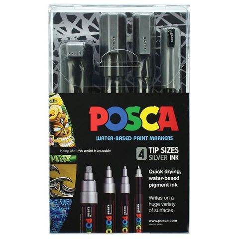 POSCA MARKER SILVER SET 4 TIP SIZES