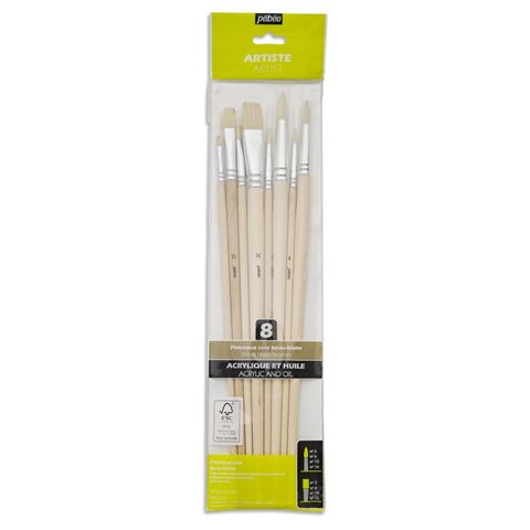 PEBEO 8 LONG BRUSH SET ROUND/FLAT WHITE BRISTLE