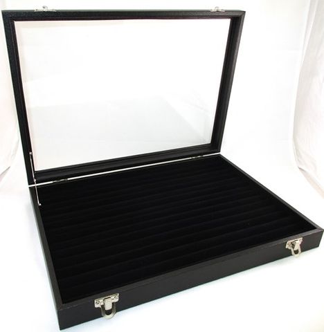 DELUXE GLASS TOP RING DISPLAY CASE W/ROLLS BLK LRG
