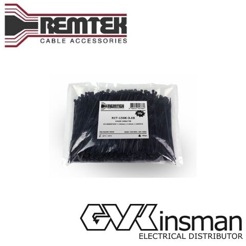 CABLE TIE 150MM L X 3.6MM W BLACK BAG OF 1000