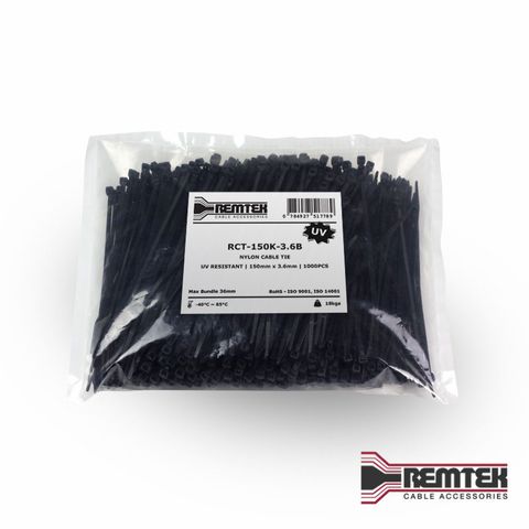 CABLE TIE 150MM L X 3.6MM W BLACK BAG OF 1000