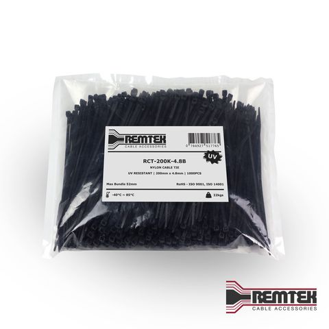 CABLE TIE 200MM L X 4.8MM W BLACK BAG OF 1000