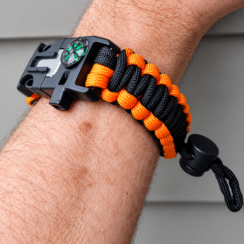 Paracord Basic Survival Bracelet (Black and Orange Mix) - Compass - Whistle - Fire starter
