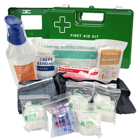 First Aid Kit In X Large Green Plastic Wall Mount Box Good basic contents with trauma products and 5 x 100ml Saline added