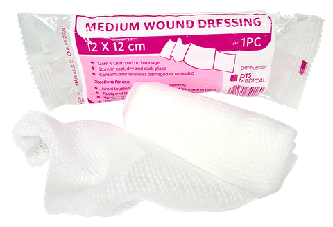 Medium First Aid Wound Dressing pad on bandage 12x12cm