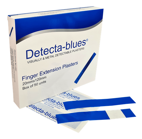 Detecta-Blue, Blue Metal Detectable Plasters Finger Extension shape 12cm long for extra grip Box 50