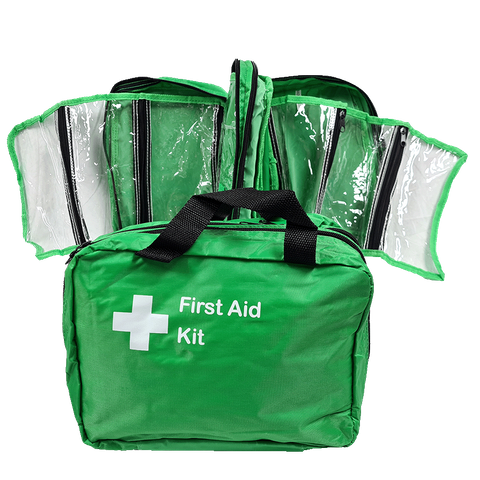 2 sewn together First Aid Bag Large Green  with clear fold out pouch and handles