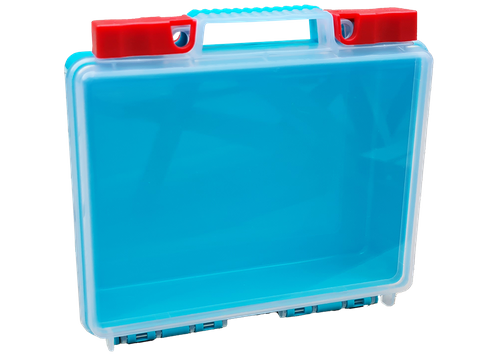 Small Plastic Box, Green Base, clear lid, Red Latch  145x115x45mm