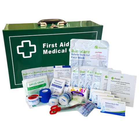 Burn Injury First Aid Kit Green Landscape Metal Wall Mount Box - Large Industrial