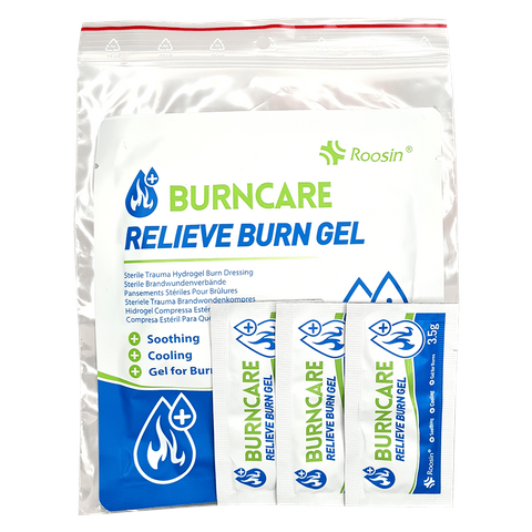 Handy Pack of Basic Burn Injury relief Items 
1 x 10x10cm Burn dressing
3 x Burn Gel Sachets