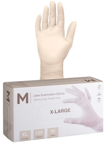 Latex Examination Gloves Powder Free - White, XL, 240mm Cuff, 6.0g