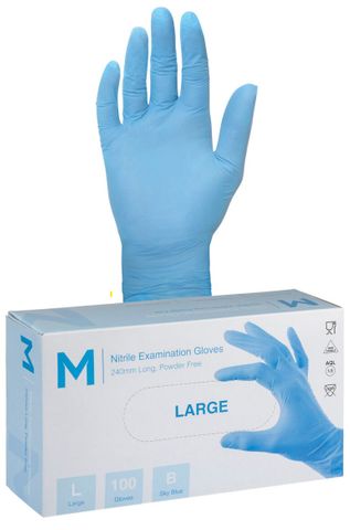 Nitrile Examination Gloves Powder Free - Blue, L, 240mm Cuff, 5.0g