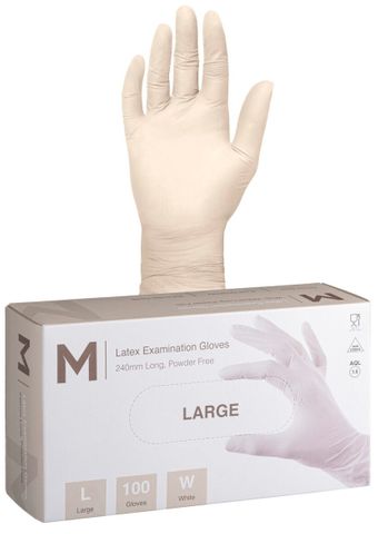 Latex Examination Gloves Powder Free - White, L, 240mm Cuff, 6.0g