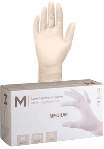 Latex Examination Gloves Powder Free - White, M, 240mm Cuff, 6.0g