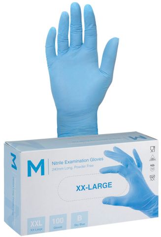 Nitrile Examination Gloves Powder Free - Blue, 2XL, 240mm Cuff, 5.0g