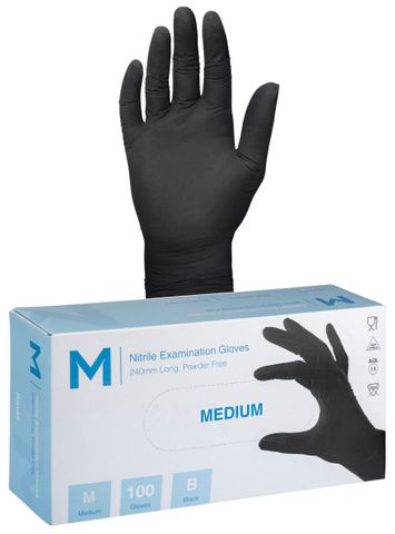 Nitrile Examination Gloves Powder Free - Black, M, 240mm Cuff, 7.0g
