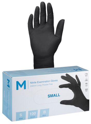 Nitrile Examination Gloves Powder Free - Black, S, 240mm Cuff, 7.0g
