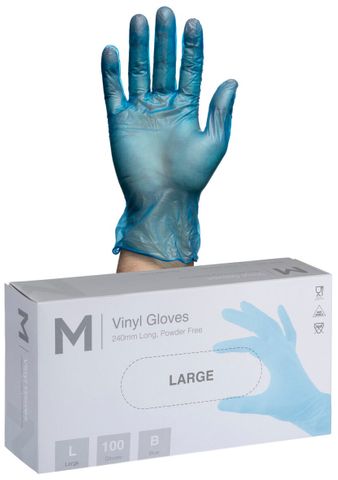 Vinyl Gloves Powder Free - Blue, L, 240mm Cuff, 5.0g