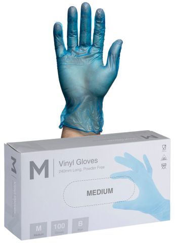 Vinyl Gloves Powder Free - Blue, M, 240mm Cuff, 5.0g
