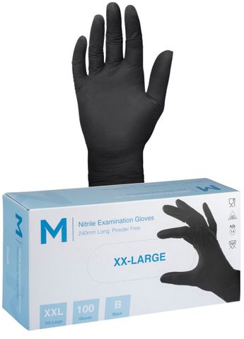 Nitrile Examination Gloves Powder Free - Black, 2XL, 240mm Cuff, 7.0g